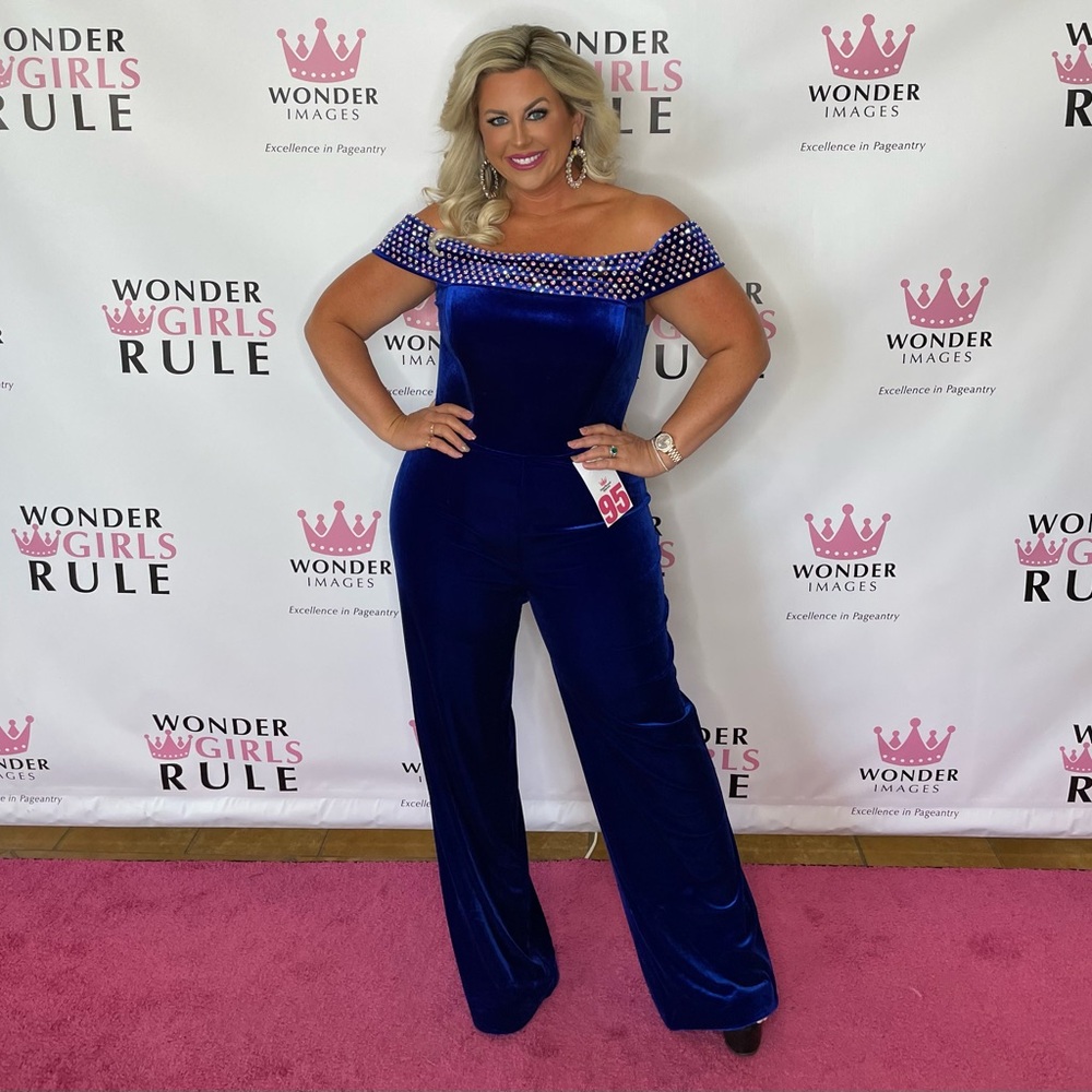 Elegant Blue Velvet Jumpsuit w/Added AB Rhinestones